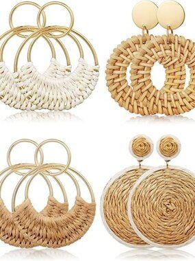 NEW Pairs Handmade Raffia Rattan Bohemian Round Drop Dangle Earrings Boho